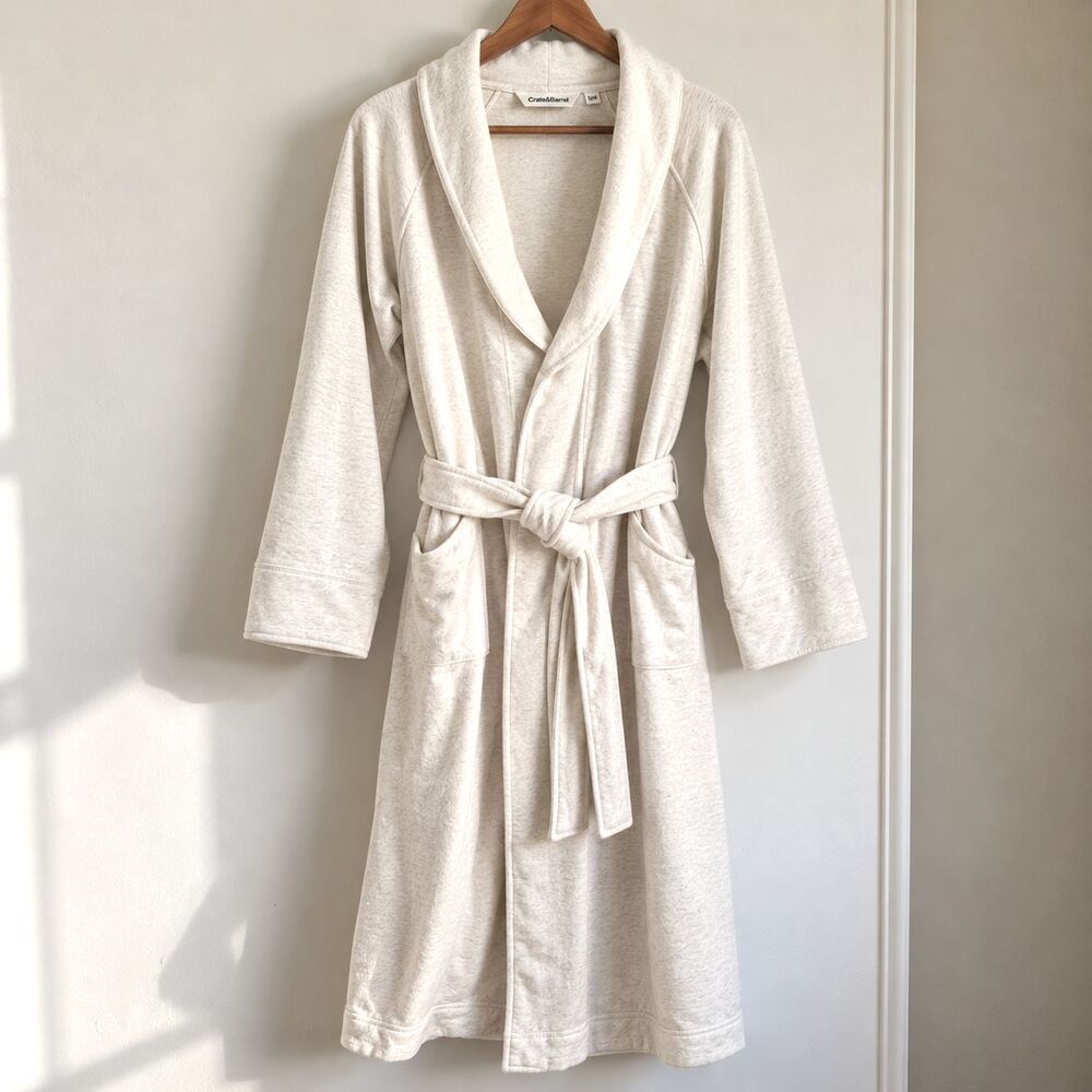 Crate & Barrel Organic Cotton Bath Robe S/M Heathered Ivory Shawl Collar Spa